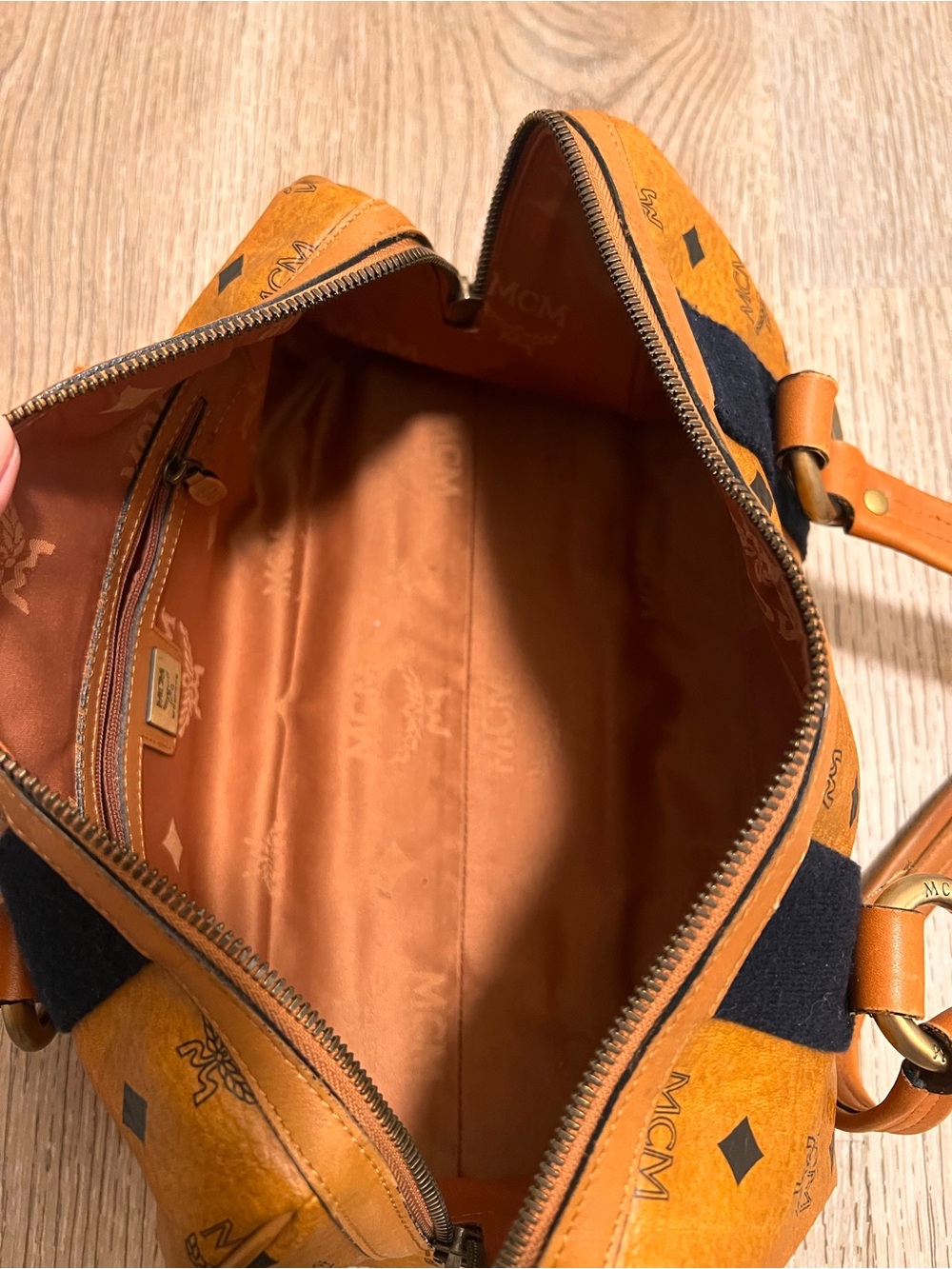 MCM Cognac Monogram Barrel Satchel with Gold Hardware - Picture 9 of 11